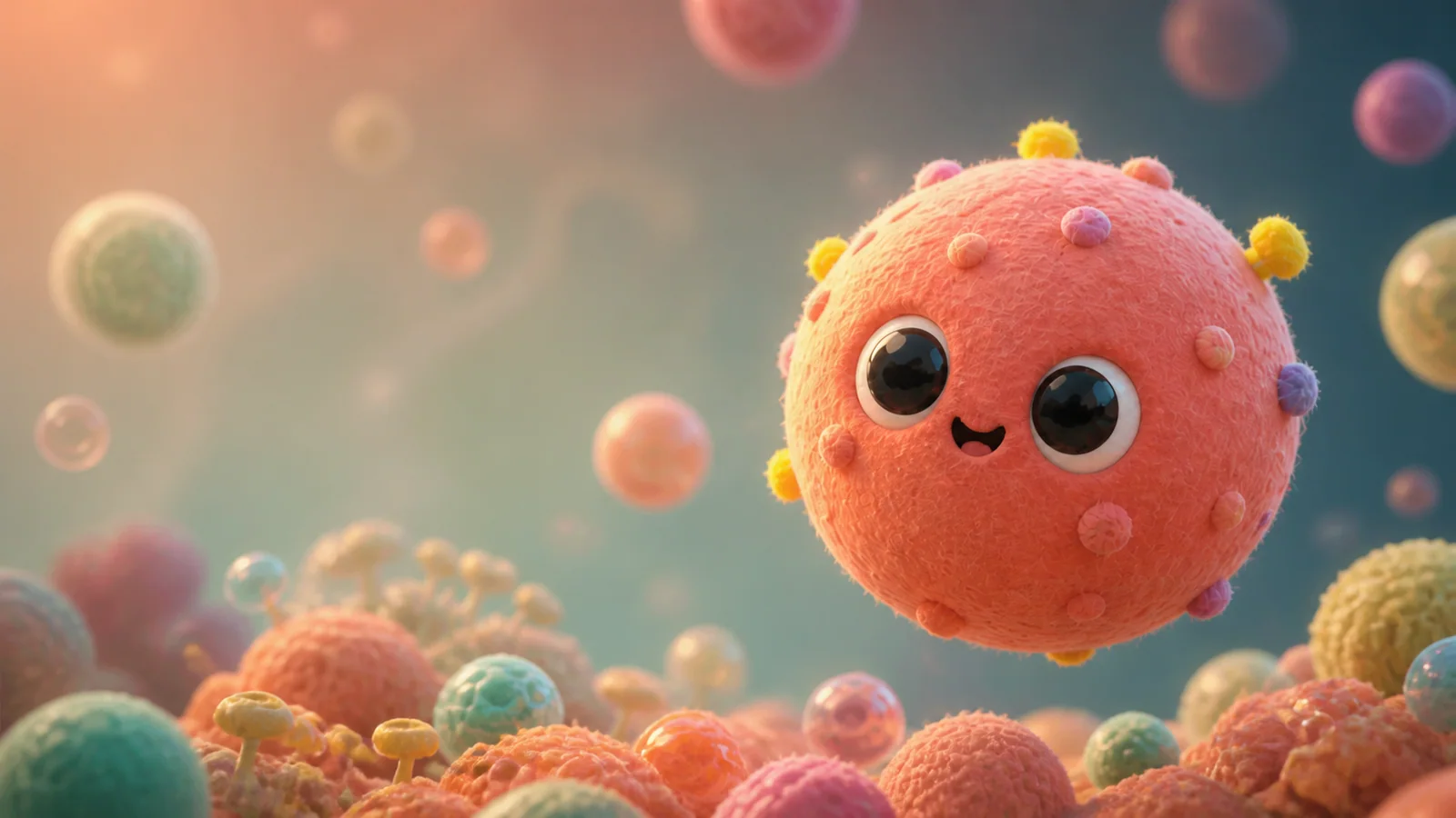 A soft coral cell floating through a dreamy microscopic world