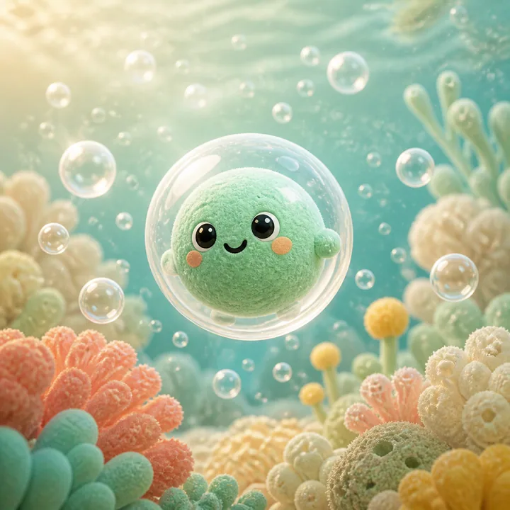 A mint bubble creature drifting through a coral current