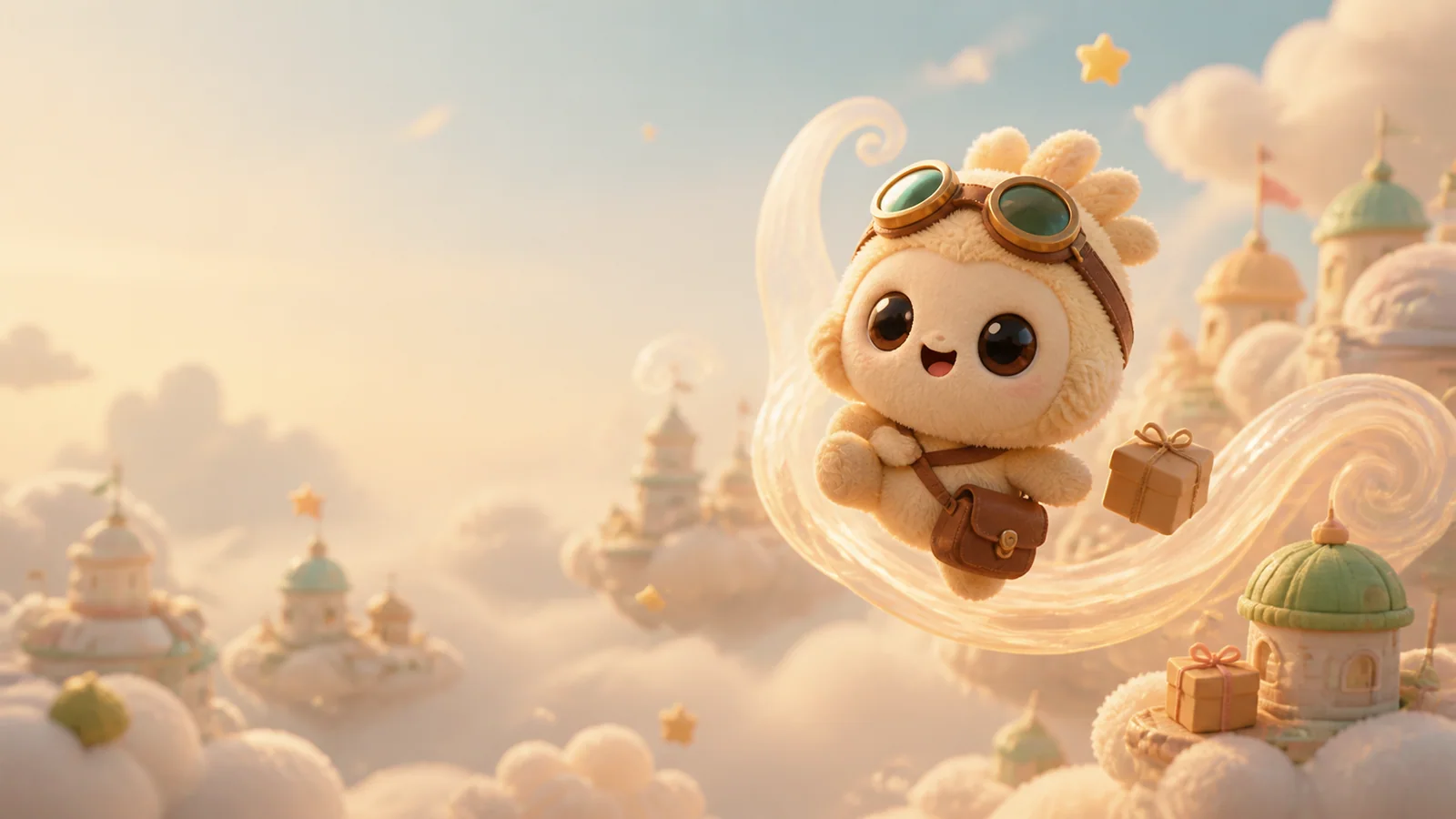 A tiny courier traveling through a soft cloud city