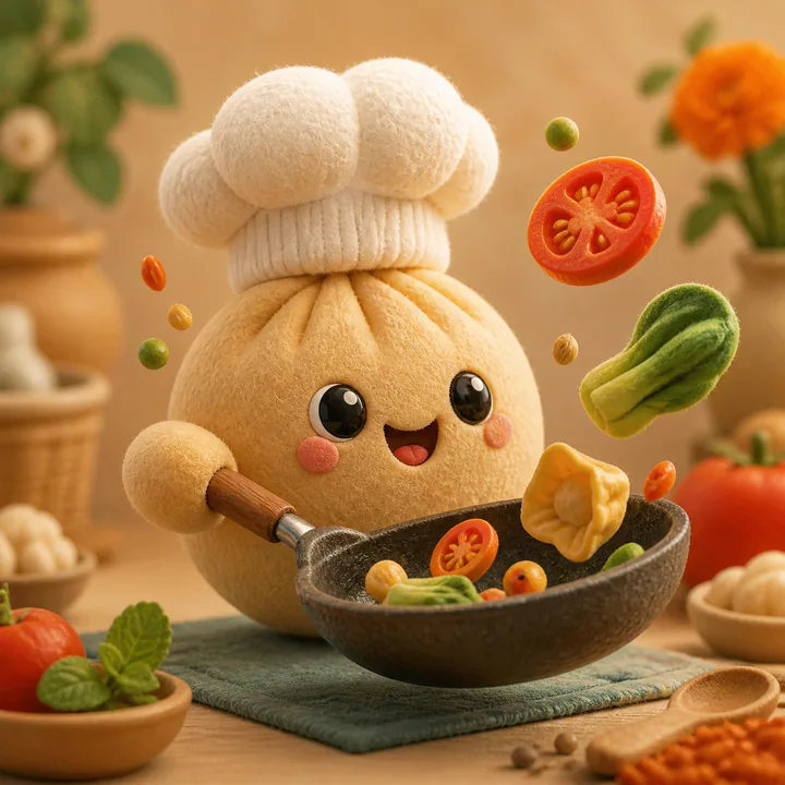 A round little chef flipping food in low gravity