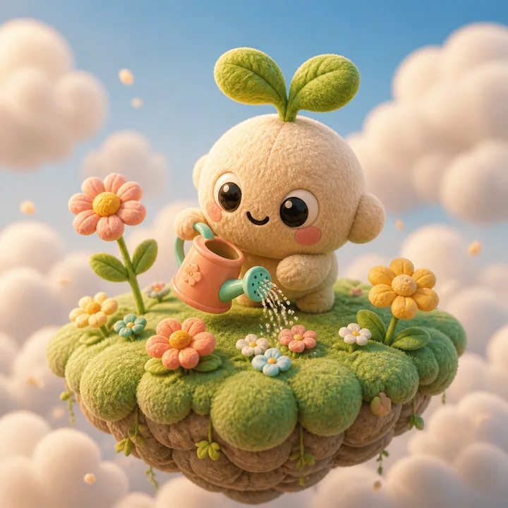 A sprout creature tending flowers on a floating island