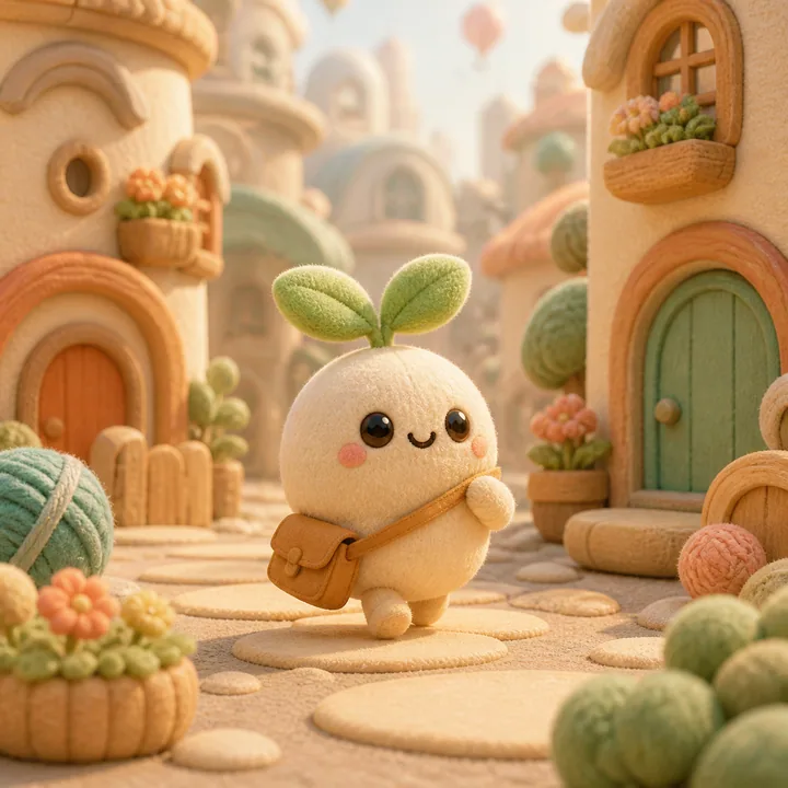 A tiny sprout post carrier crossing a cozy illustrated city