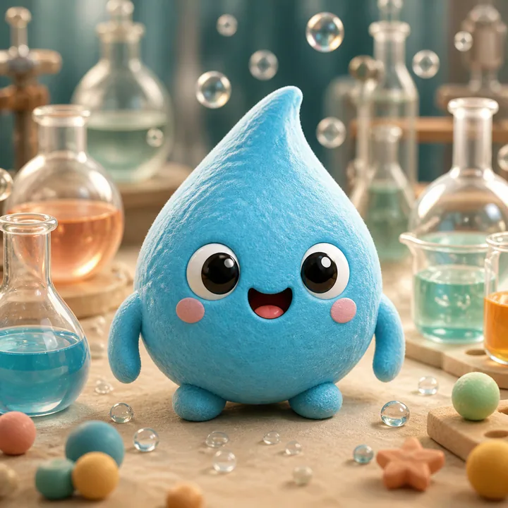 A cheerful water-drop creature in a tiny chemistry lab
